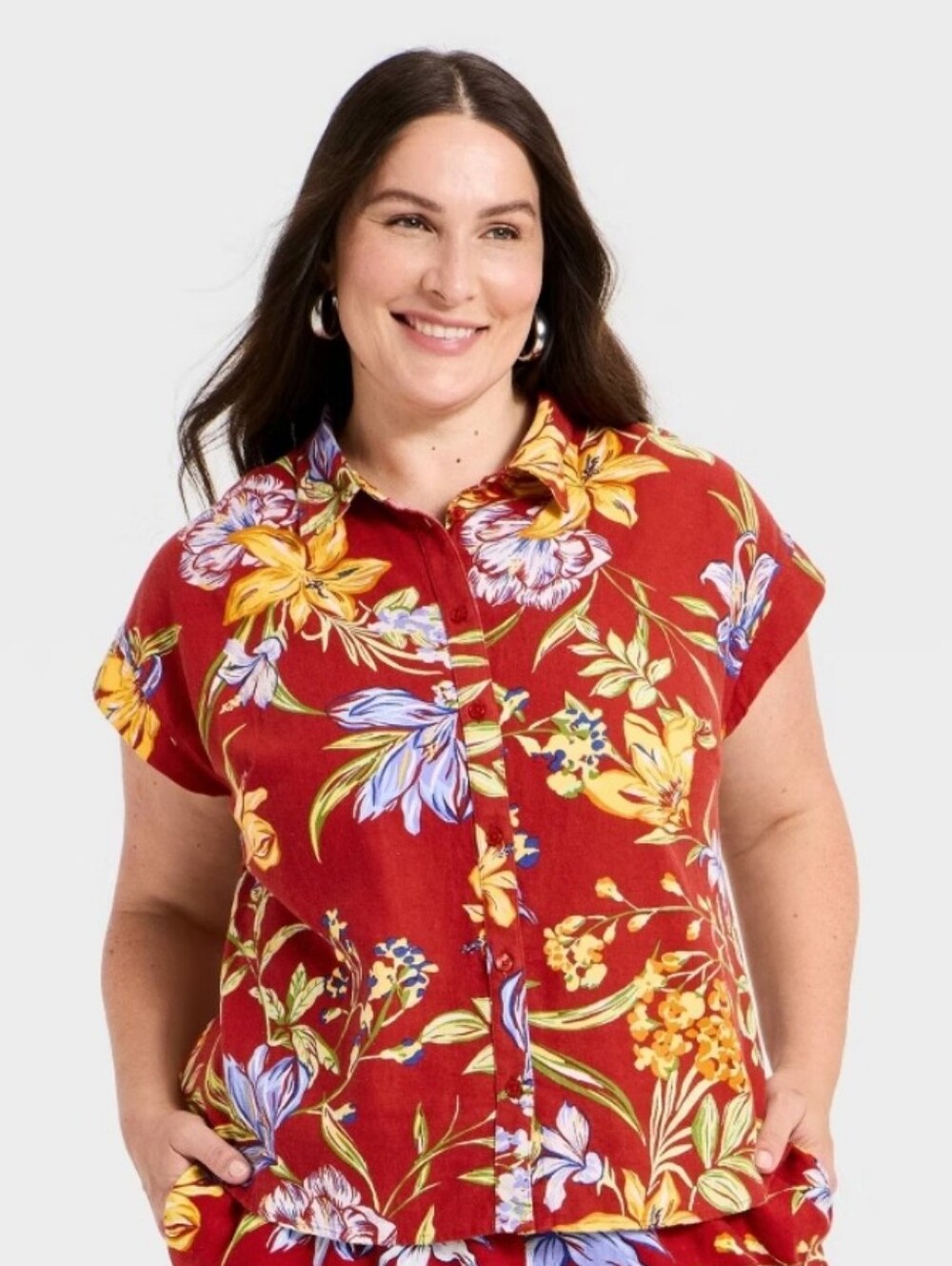 Women's Button-Up Linen Shirt - A New Day Red 2X